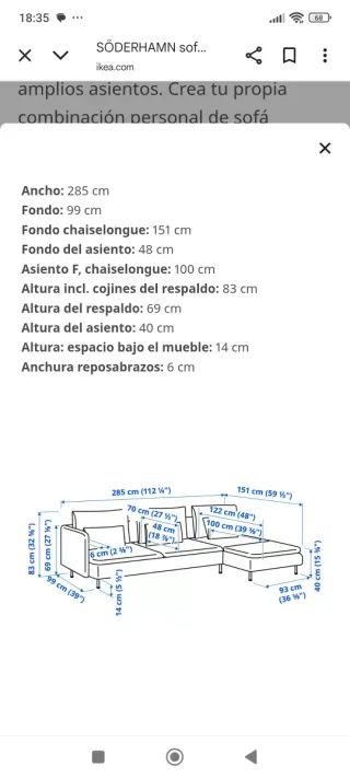 Sofá IKEA SÖDERHAMN 3 plazas + chaiselongue