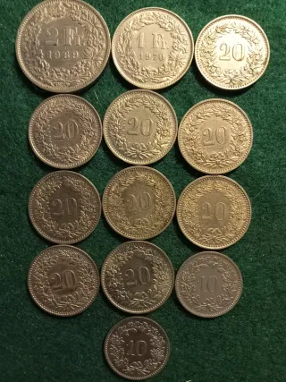 Lote 13 monedas Suiza 10, 20 y 1 Fr.