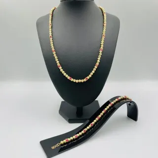 Pulsera Bolas Diamantadas y Piedras Rojas 18K