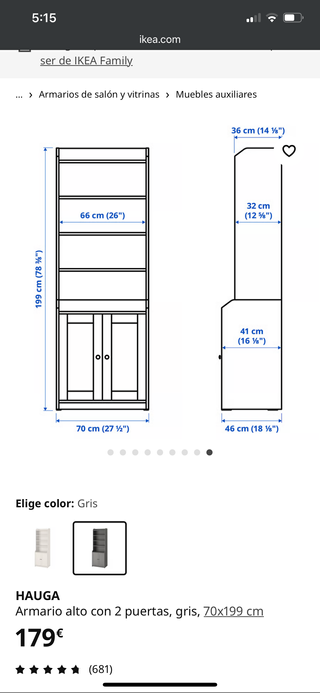 Armario alto HAUGA Ikea gris 70x199 cm