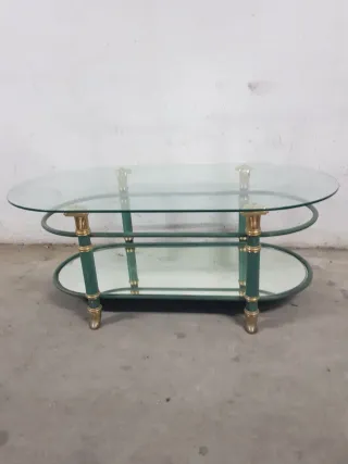 Mesa de centro ovalada cristal y metal dorado