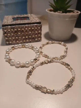 Pack de 3 pulseras blanco & dorado - hecho a mano