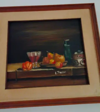 Quadro natura morta con frutta e bottiglia Ad olio