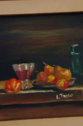 Quadro natura morta con frutta e bottiglia Ad olio