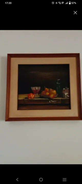 Quadro natura morta con frutta e bottiglia Ad olio