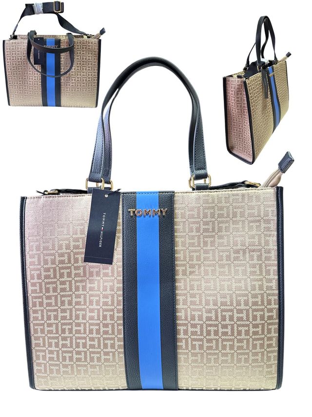 Bolso Tommy Hilfiger Beige con Raya Azul Nuevo
