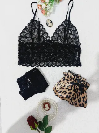 Set Lencería Leopardo Tres Piezas M