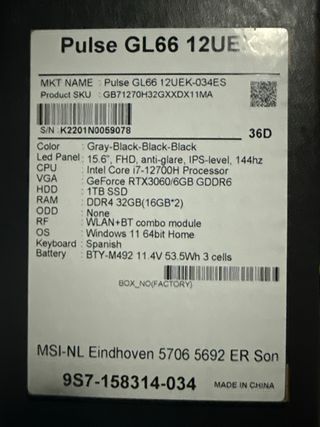 MSI Pulse GL66 32GB RAM 1TB SSD RTX3060