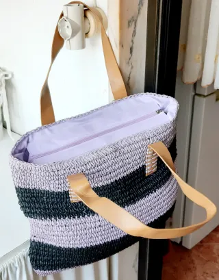 Bolsa de ráfia FLORA às riscas