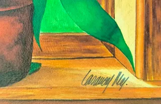 Bodegón de tulipanes en maceta con marco de madera