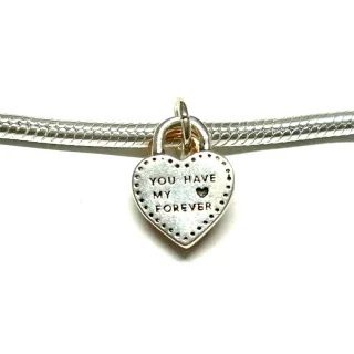 Charm Doble Corazón Candado Plata y Rosa