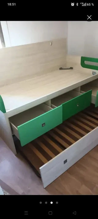 Cama nido 90 verde y beige con cajones 120x200x90