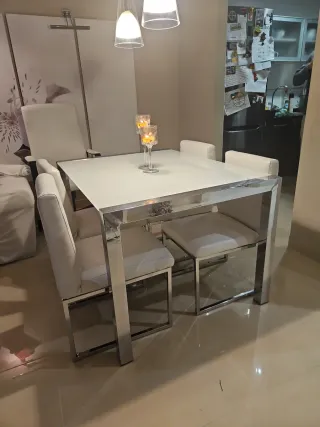 Set da pranzo in alluminio e vetro con 3 sedie