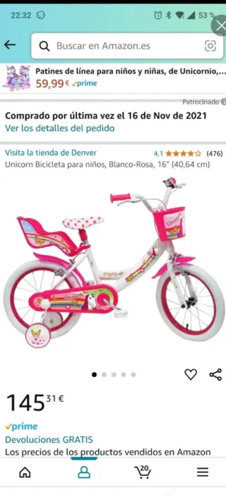 Bicicleta infantil unicornio
