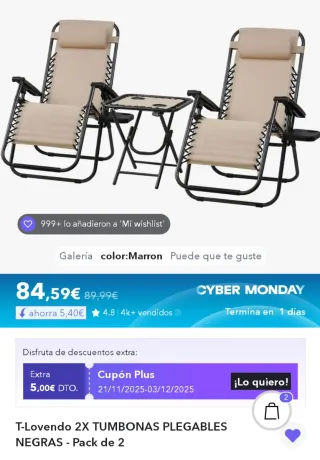 Tumbonas plegables T-Lovendo - Pack 2 + mesa