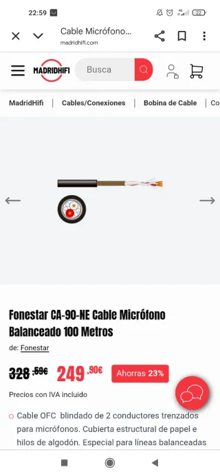 6 rollos de cable balanceado de 100 m
