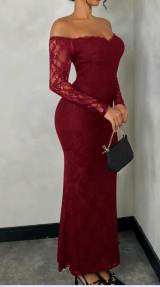 Vestido SHEIN BAE Burdeos Encaje Hombro