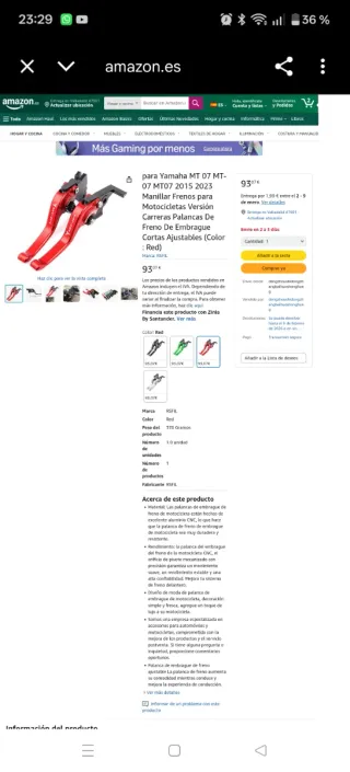 Palancas Freno Embrague Yamaha MT-07 Rojo