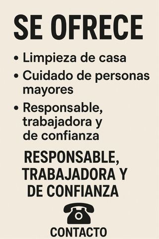 se ofrece limpiadora o cuidadora