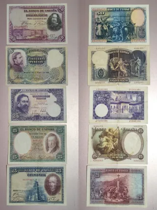Lote 21 Billetes antiguos 100, 50, 25, 10, 5,1 Pts