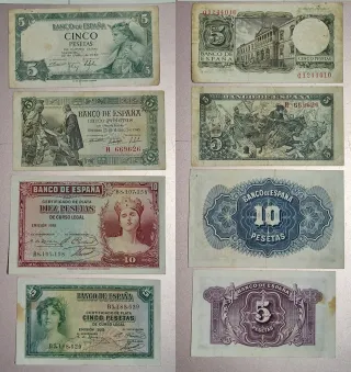 Lote 21 Billetes antiguos 100, 50, 25, 10, 5,1 Pts