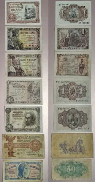 Lote 21 Billetes antiguos 100, 50, 25, 10, 5,1 Pts