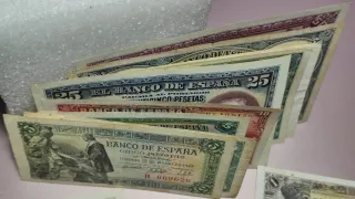 Lote 21 Billetes antiguos 100, 50, 25, 10, 5,1 Pts