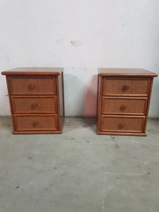 2 Mesitas de Noche Rattan Madera