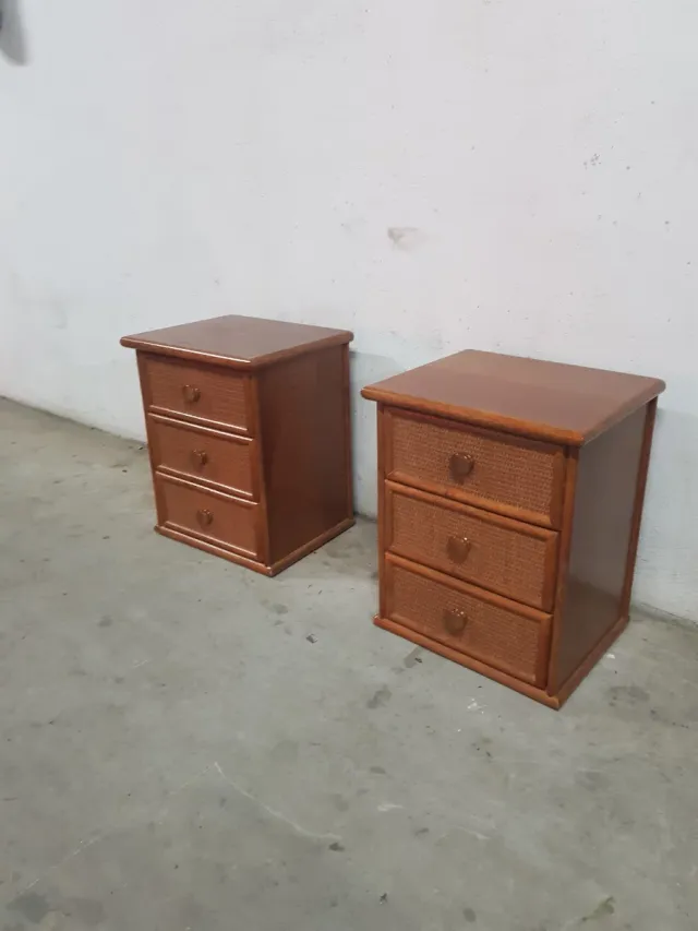 2 Mesitas de Noche Rattan Madera