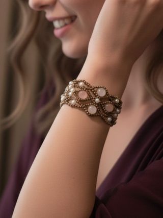 Bracciale Vintage Quarzo Rosa Perle Oro Artigianal