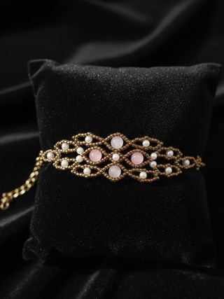 Bracciale Vintage Quarzo Rosa Perle Oro Artigianal