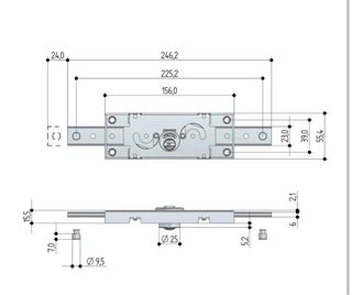 Prefer  Cerradura central para persiana horizontal  Con llave perforada  Pestillos con pernos desmontados  Cilindro redondo  Saliente mm. 55156 l x 554 h x 155 p mm