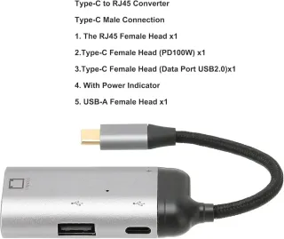 Adaptador Ethernet USB C a RJ45, 3 en 1