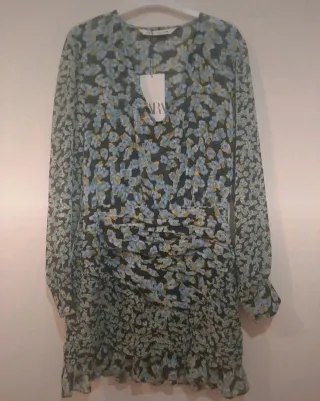 Zara Vestido mini Flores negro, turquesa y verde