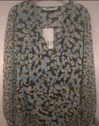 Zara Vestido mini Flores negro, turquesa y verde