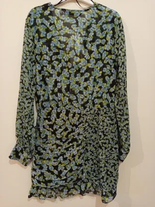 Zara Vestido mini Flores negro, turquesa y verde