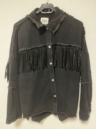 Cazadora Zara Negra Flecos y Brillantes