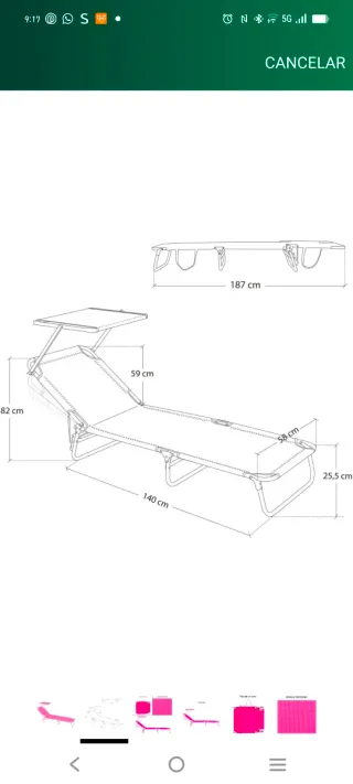 Tumbona playa con parasol rosa de marca Lolahome.