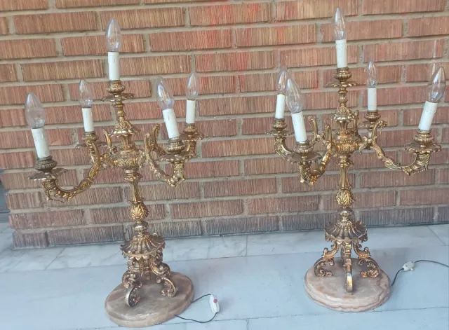Pareja Candelabros Metal y Mármol
