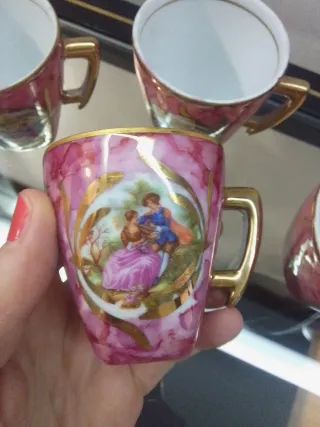 Juego Tazas Vintage Porcelana Rosa y Oro