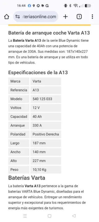 Batería Coche Varta A13 12V 40Ah 330A