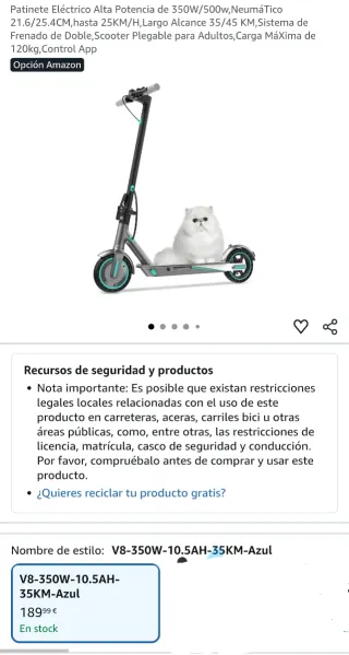 Patinete Eléctrico V8-350W Azul Nuevo
