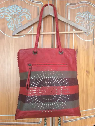 Bolso Cuero Mándala Recorte Beige/Gris