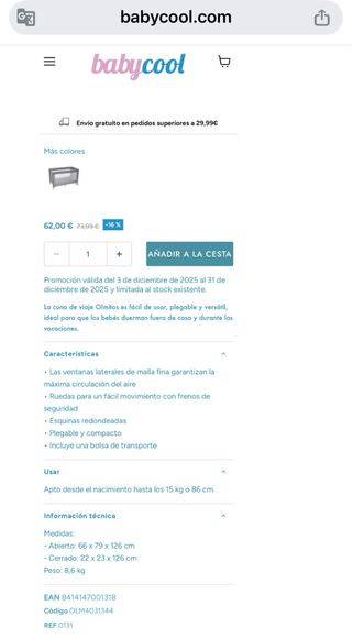 Cuna de viaje plegable Olmitos