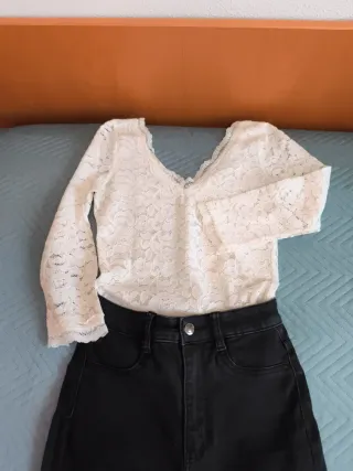 Conjunto Camiseta Mujer Encaje Blanca y Pantalón N