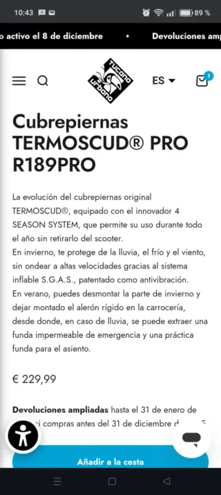 Manta Cubrepiernas Tucano Urbano Termoscud R189PRO