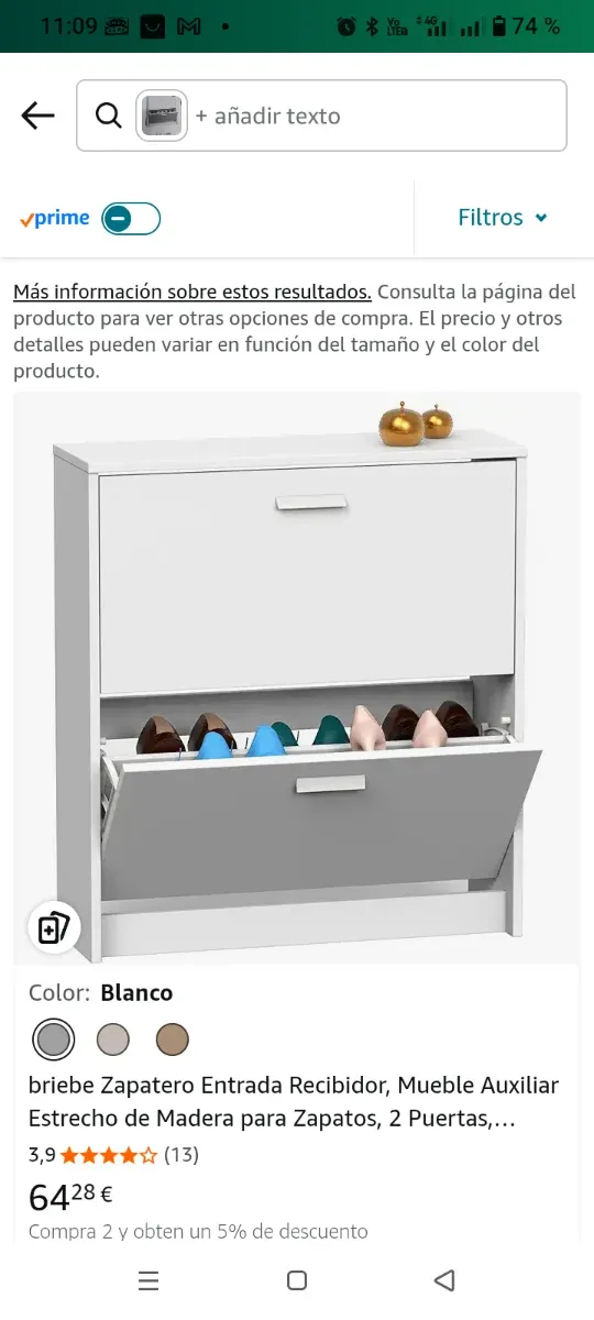 Zapatero blanco con 2 cajones