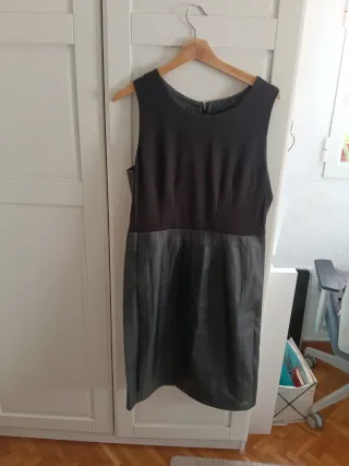 Vestido Cortefiel Negro Punto y Piel Talla 42
