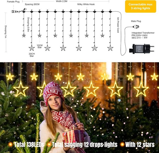 NUOVO - Ghirlanda LED a stelle 2,3m 138 LED