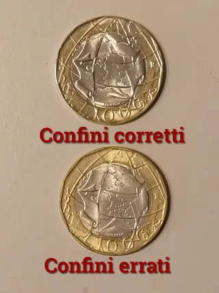 2 monete 1000 lire 1997 Confini errati e corretti